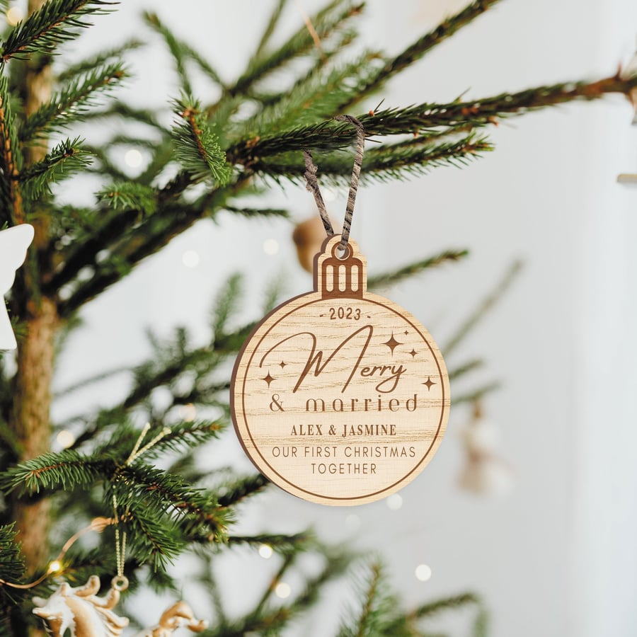 Merry & Married Bauble - Personalised Wooden Ornament For Newly Wed Couples