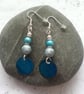 Blue Turquoise Drop Earrings - Silver Textured Bead Dangles - Image 2