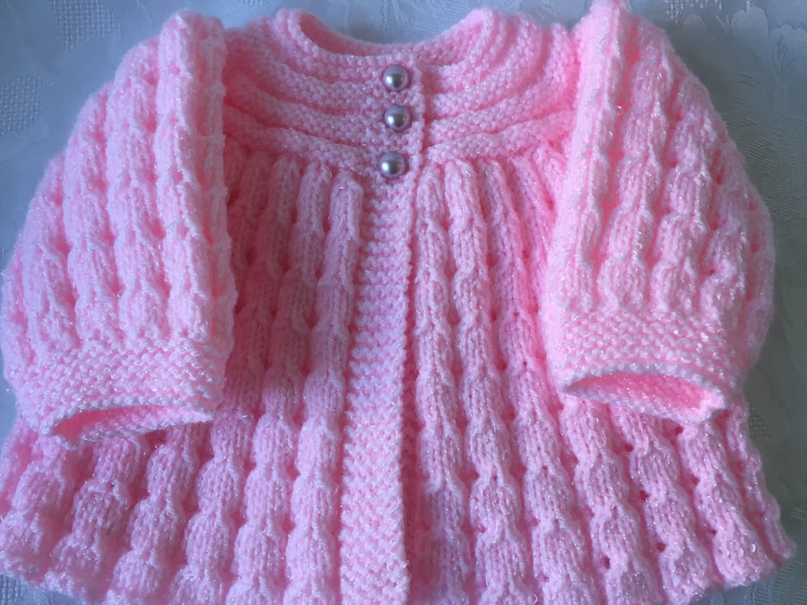 Hand Knitted Baby Girl's Pink Shimmer  Matinee Cardigan will fit 0-3 mths