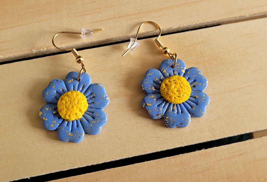 Polymer Clay Blue Flower Earrings.  316 Surgical Stainless Steel