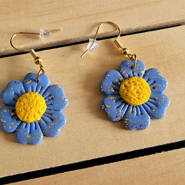 Polymer Clay Blue Flower Earrings.  316 Surgical Stainless Steel