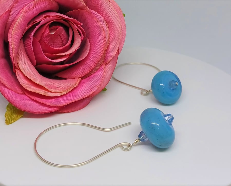 Blue Lampwork Glass and Crystal Drop Earrings on Sterling Silver Earwires, Sterl
