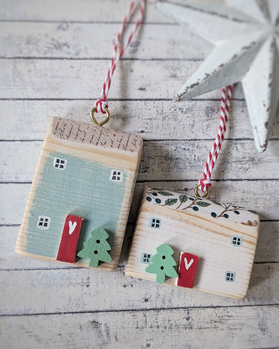 Set of 2 Wooden Christmas House Hanging Decorations