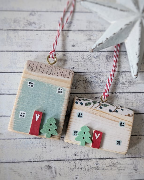 Set of 2 Wooden Christmas House Hanging Decorations