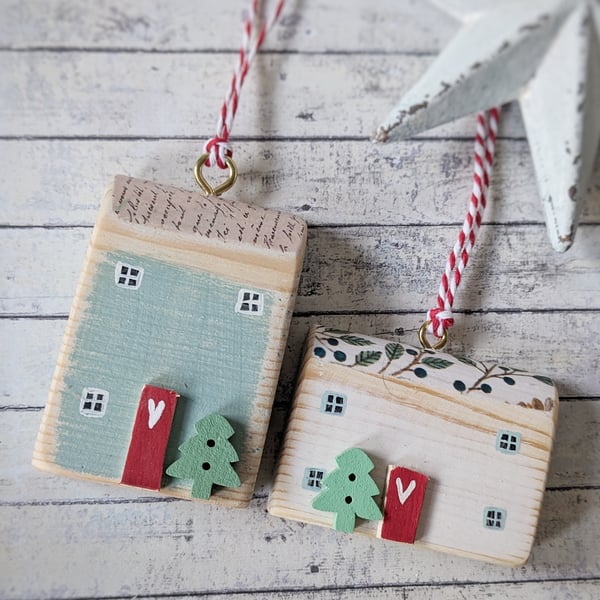 Set of 2 Wooden Christmas House Hanging Decorations