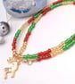 Red Gold and Green Bead Necklace with Gold Plated Enamelled Christmas Charms - Image 4
