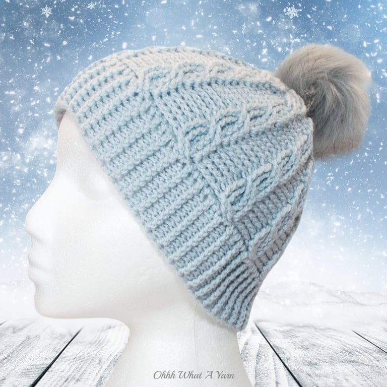Crochet hat, beanie. Ladies light grey cable pom pom hat. Ladies hat.