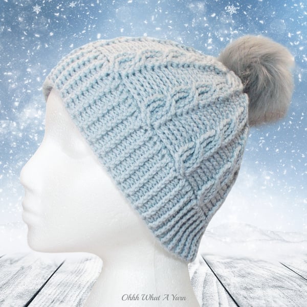 Crochet hat, beanie. Ladies light grey cable pom pom hat. Ladies hat.