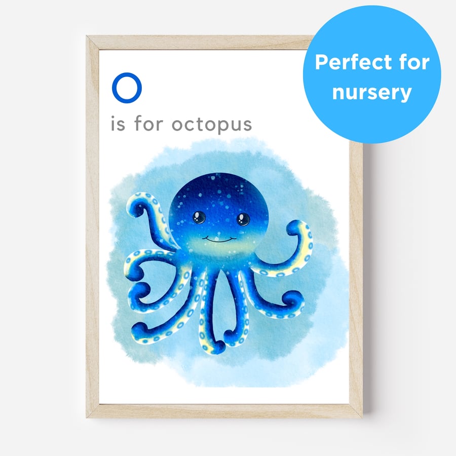O is for Octopus Under the Sea Wall Art Print for Bedroom Playroom Nursery