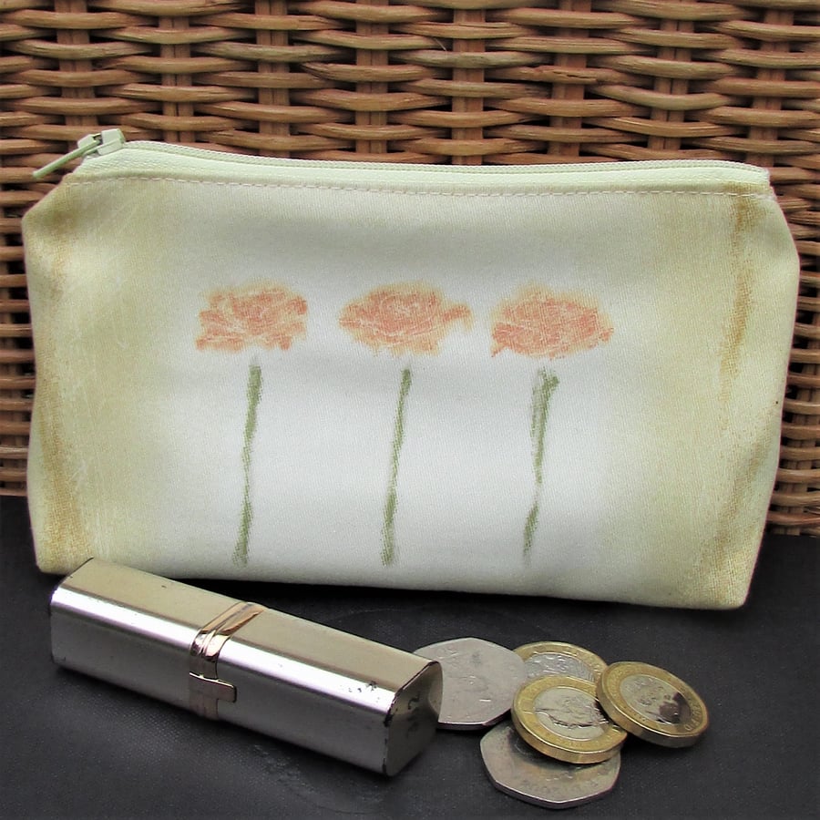 Large purse, coin purse - Pale yellow with three orange flowers