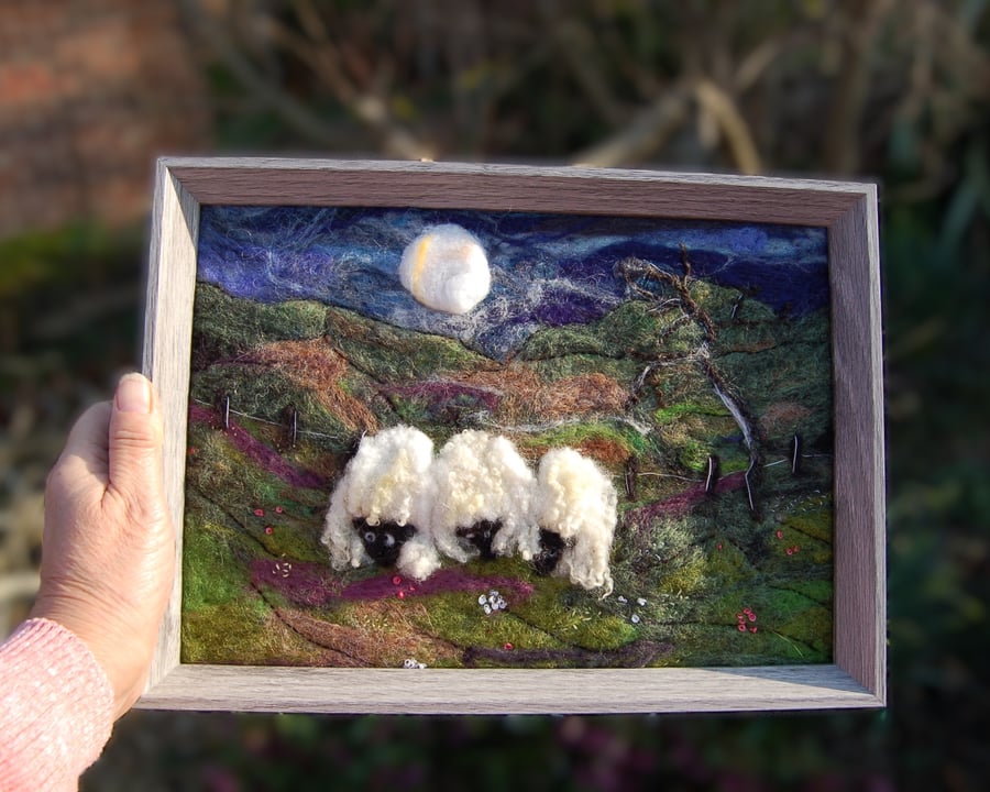 Textile art picture Sheep in the Moonlight -Yorkshire dales landscape 