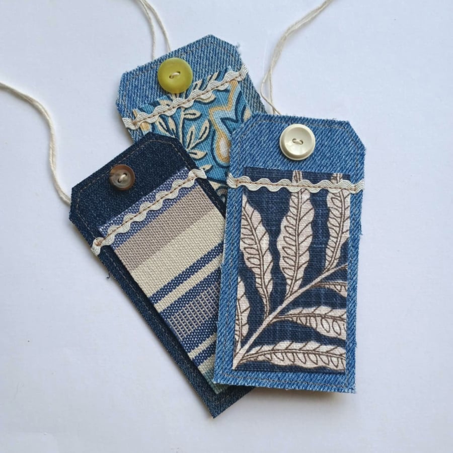 Gift Tags - Vintage denim with reclaimed curtain textiles - Blue Jeans
