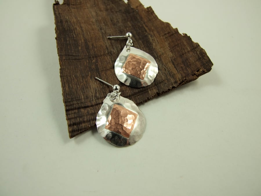 Earrings,  Sterling Silver with Copper Square Accents