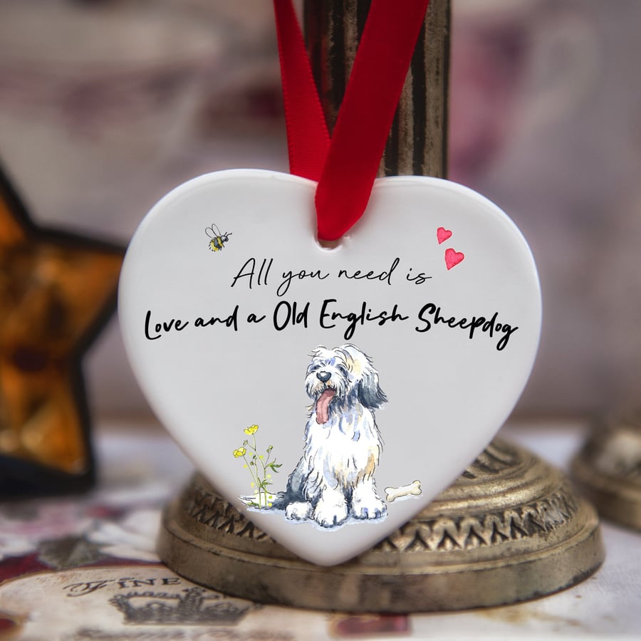 Love and a Old English Sheepdog Ceramic Heart