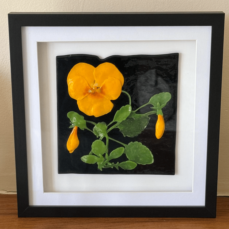 Fused glass floral art, pansy picture in frame, yellow flowers