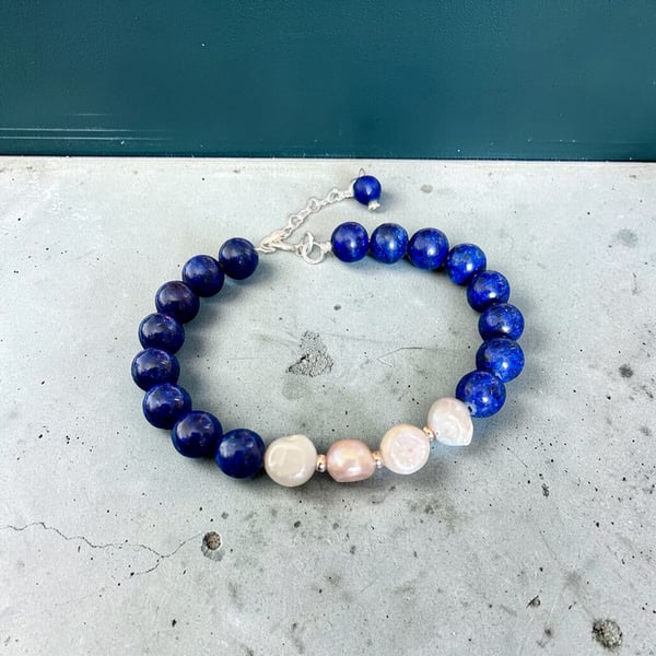 Sterling Silver Bracelet Freshwater Pearls & Lapis Lazuli - 7.5" & 1.5" Ext