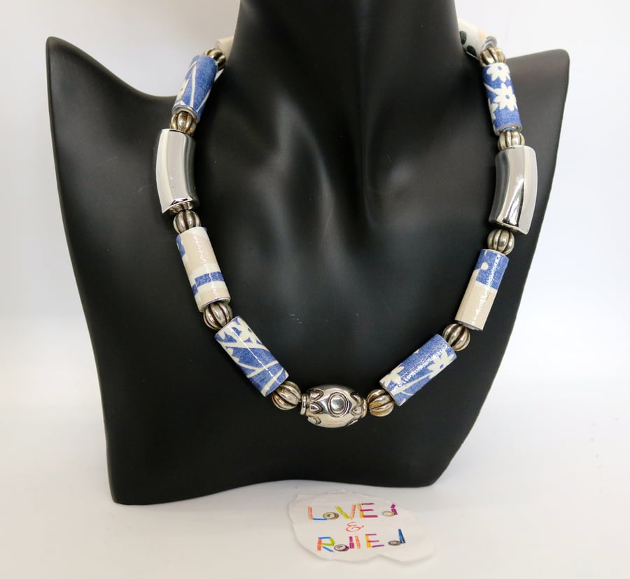 Forget-me-not blue paper beaded collar necklace with preloved silver beads