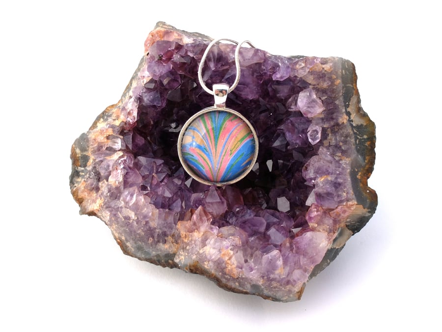 Lovely marbled paper glass cabochon pendant valentine's, anniversary gift