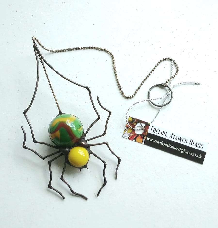 Glass Marble Spider - yellow & green