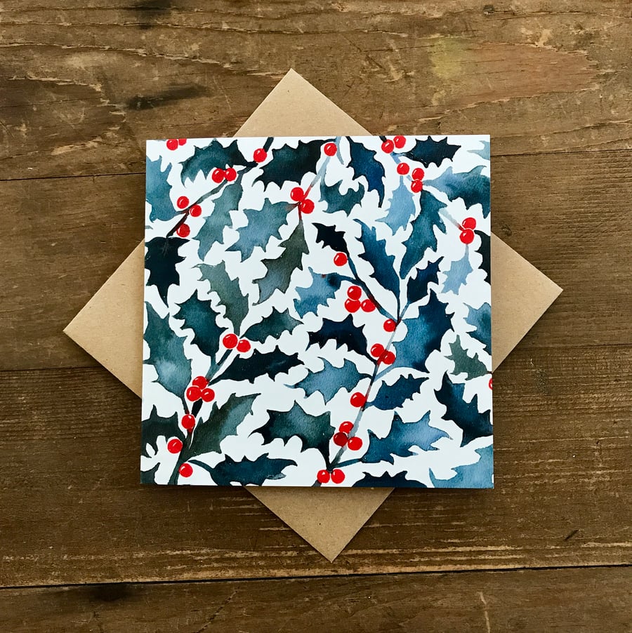 Holly Christmas cards, pack of 10, winter foliage, berries, blue