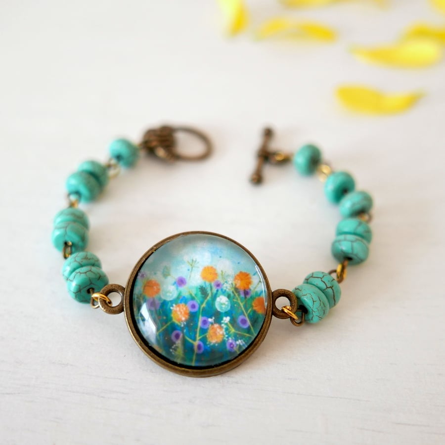 Turquoise Bracelet with Gemstones and Floral Art Print