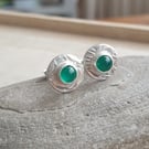 Silver disc studs with green onyx, Green gemstone earrings