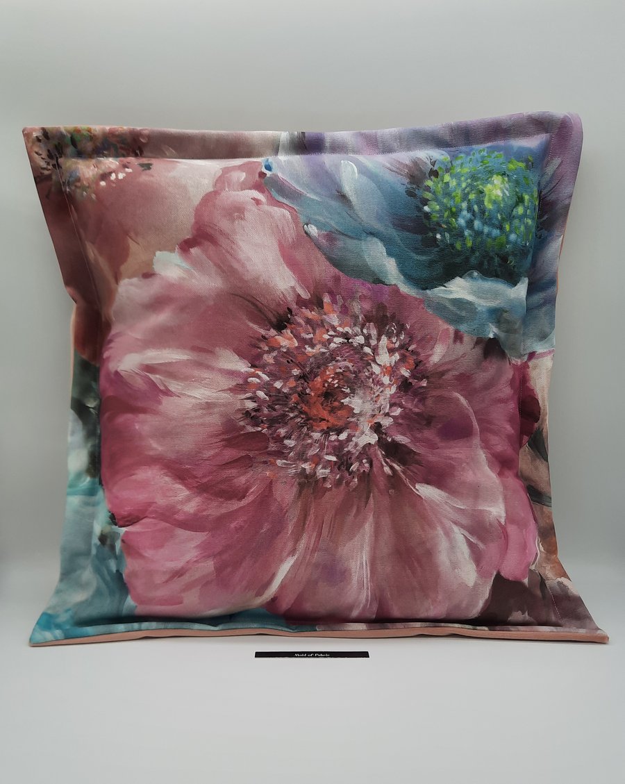 Giant print pink flower cushion cover with pink velvet envelope back