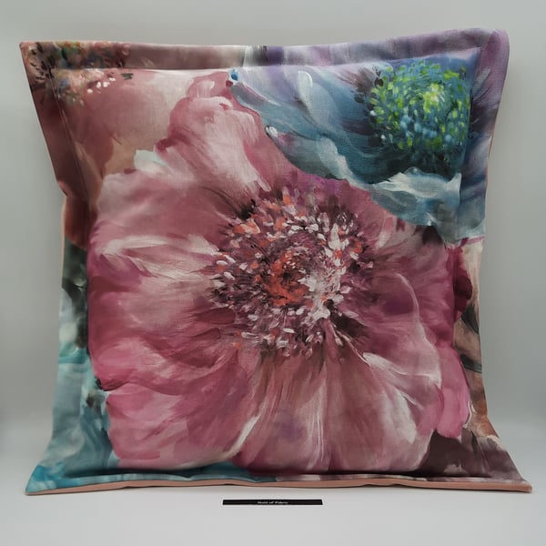 Giant print pink flower cushion cover with pink velvet envelope back