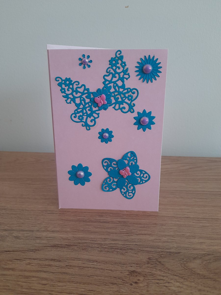 HANDMADE BUTTERFLY AND FLOWERS CARD.