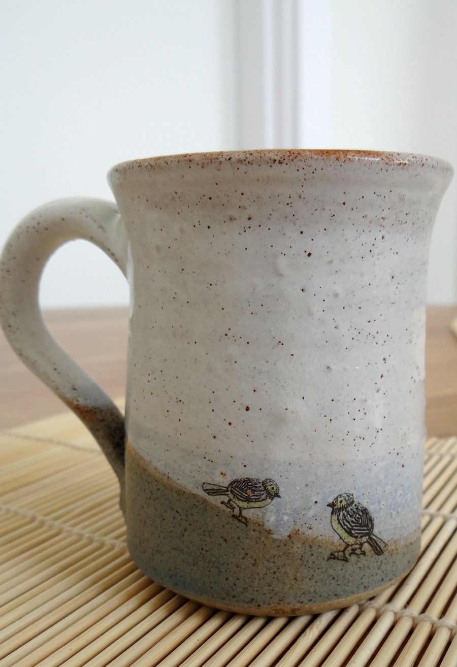 Rustic ceramic mug with bird images - handmade pottery