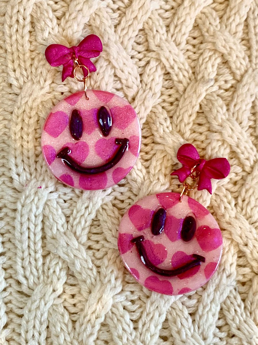 Polymer Clay Cute Smiley Bow Earrings - dangle drop - heart print Valentines day