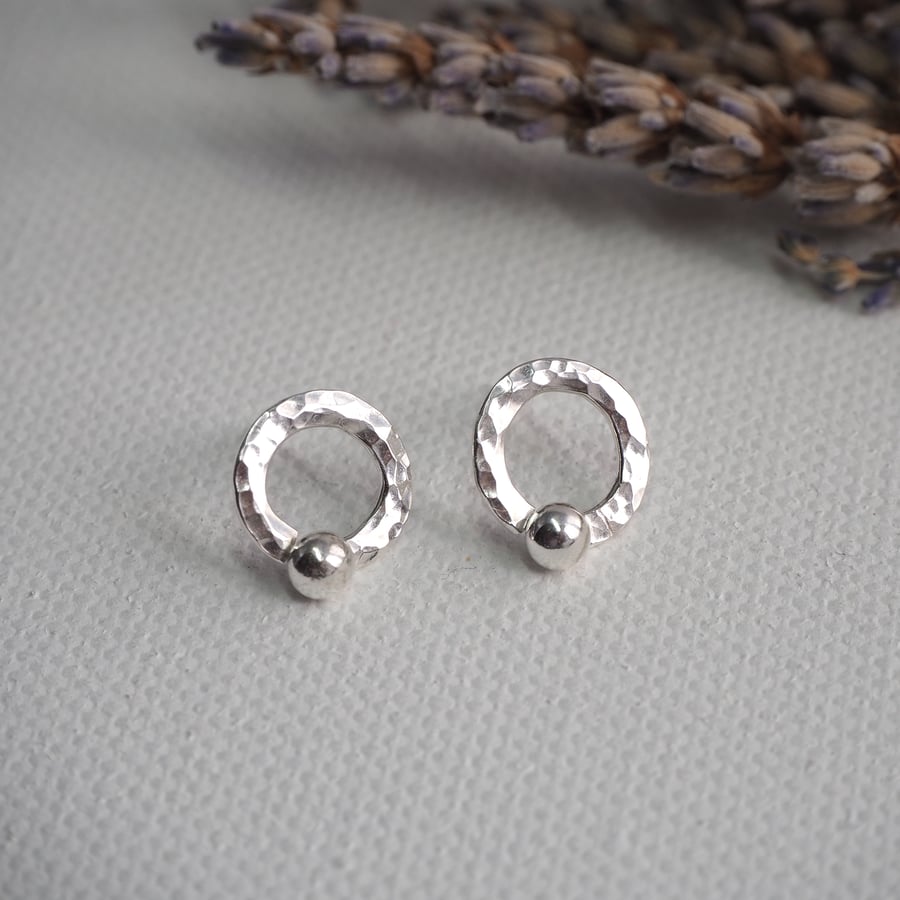Silver hoop stud earrings, hammered silver ring studs