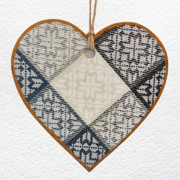 Grey Diamond: Decoupaged Wooden Hanging Heart 15cm (6")