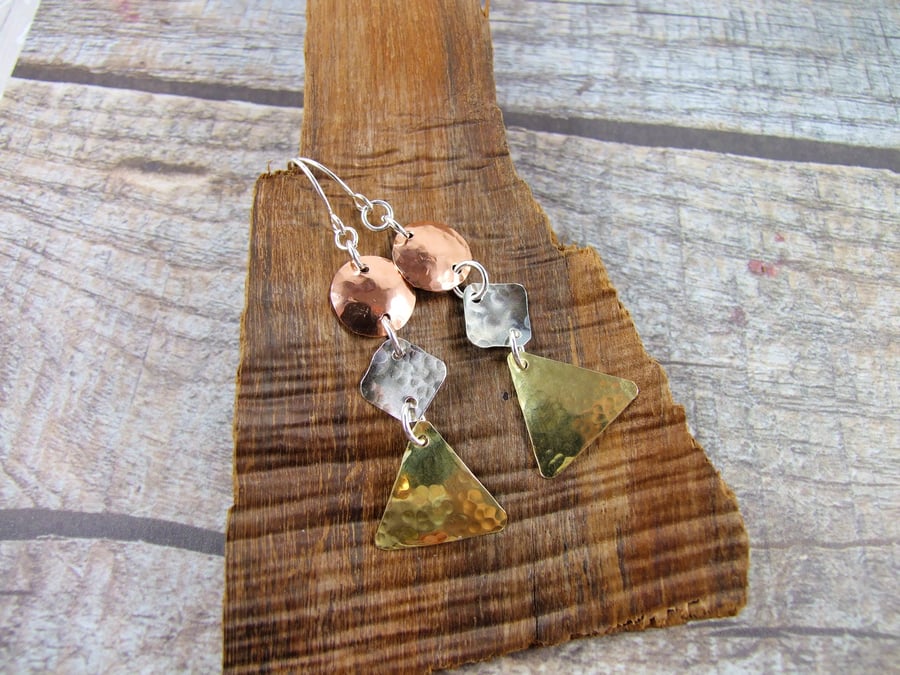 Earrings,Mixed Metals Droppers. Sterling Silver, Copper & Brass Shapes