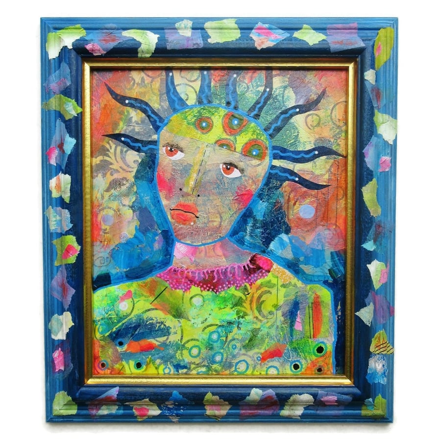 Framed Outsider Art Brut Female Portrait Painting Colourful Original Artwork