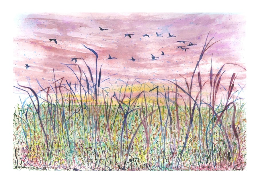 Swan Fen Sunset Landscape  Watercolour Original Painting