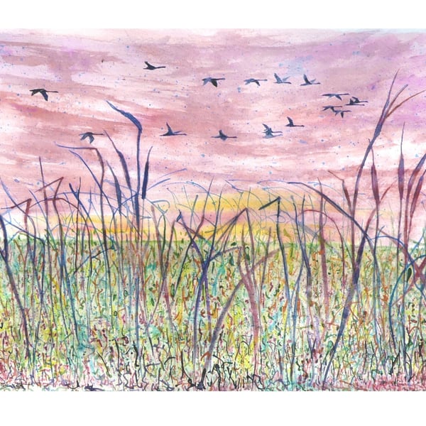 Swan Fen Sunset Landscape  Watercolour Original Painting