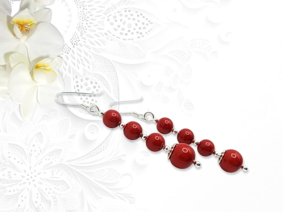 Graduated Red Pearls & Sterling Silver Earrings With Swarovski Pearls