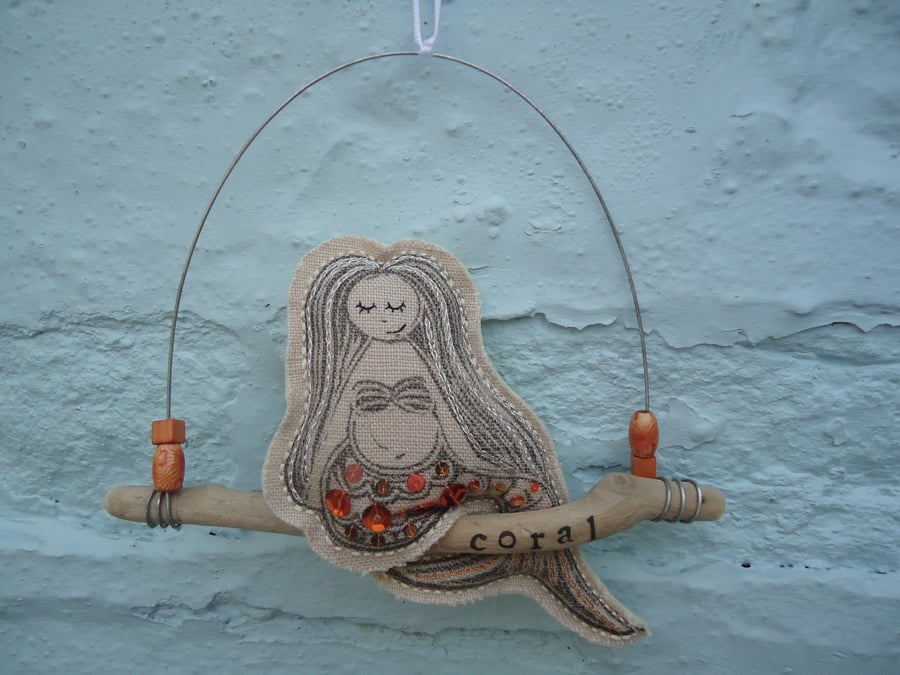 Linen Mermaid Driftwood Hanging, Coral