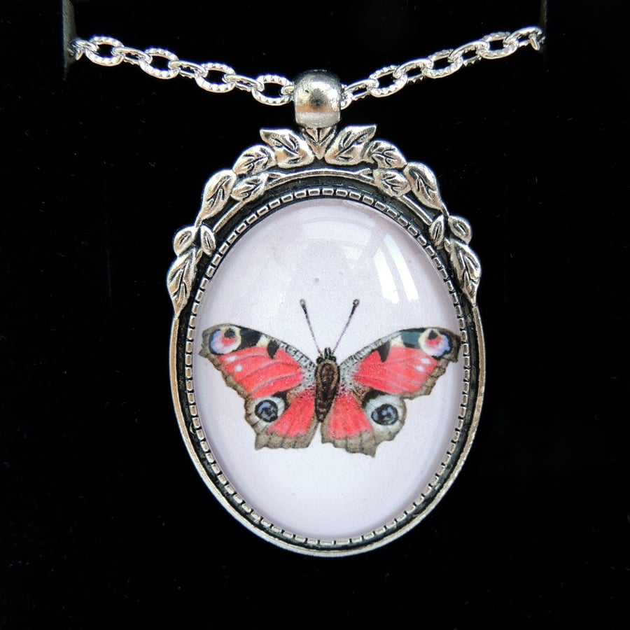 Peacock Butterfly Pendant Necklace - Silver Leaf Style