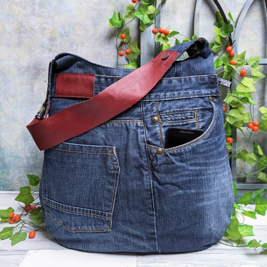 Upcycled Denim Large Shoulder Bag  with Day of the Dead Lining