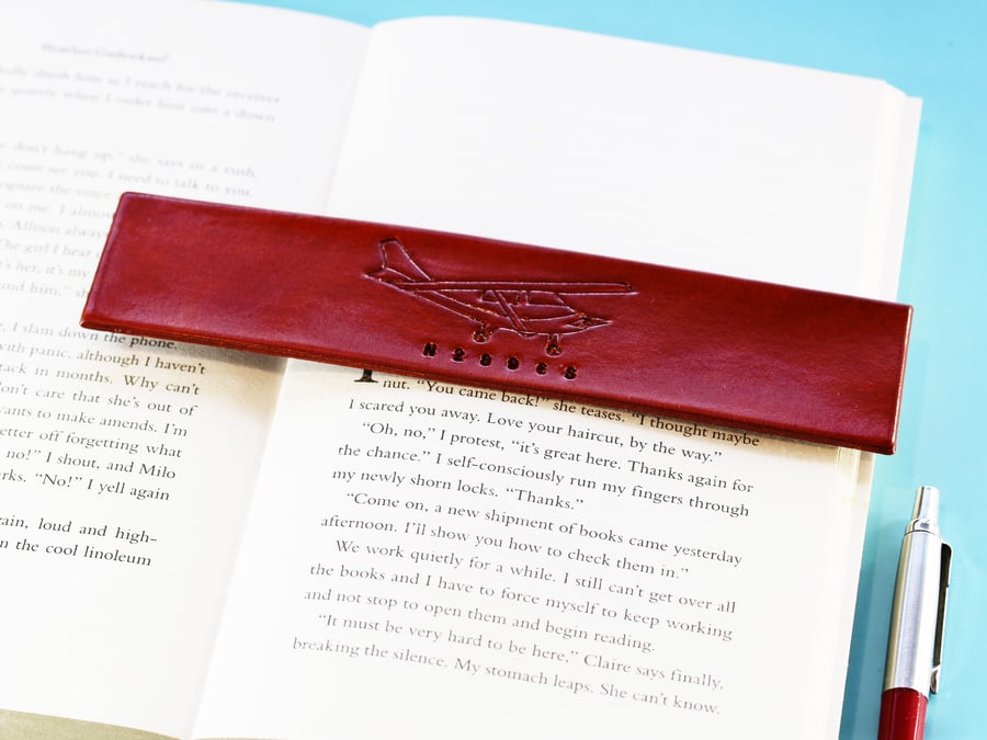 Personalised Hand-Carved Cessna Plane Leather Bookmark, Book Mark For Pilot Gift