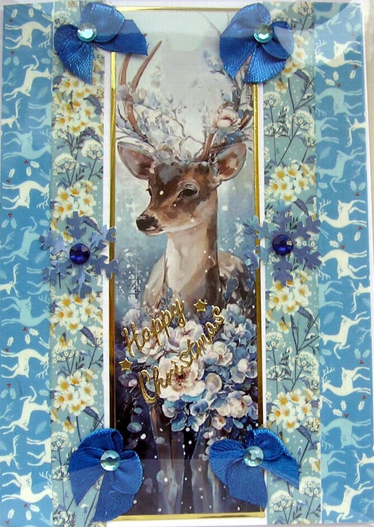 Hand Crafted Decoupage Chistmas Card - Happy Christmas (3206) Stag Reindeer