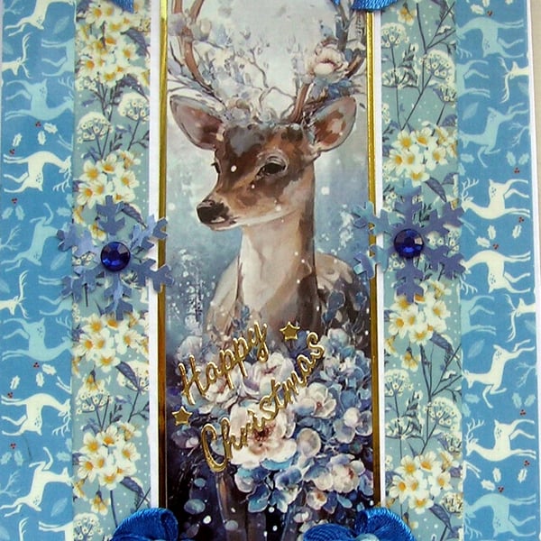 Hand Crafted Decoupage Chistmas Card - Happy Christmas (3206) Stag Reindeer