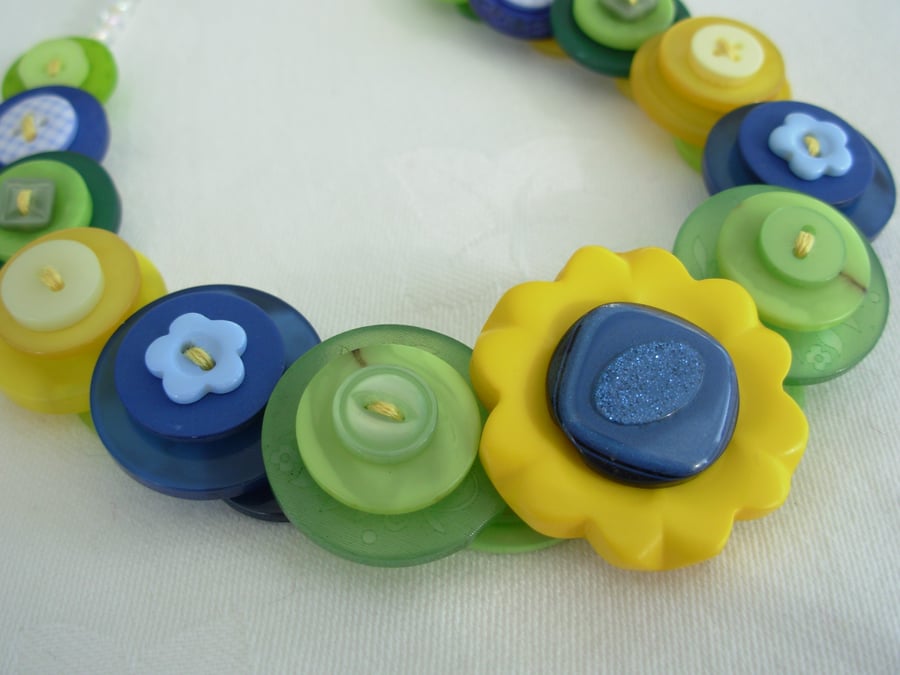 Button Necklace Blue Yellow and Green