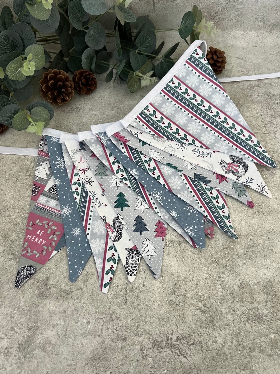 Handmade Fabric Christmas Bunting: 12 Flags in Pink, White, Grey, Blue, Green