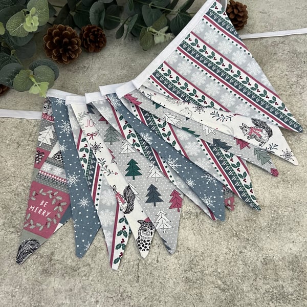 Handmade Fabric Christmas Bunting: 12 Flags in Pink, White, Grey, Blue, Green