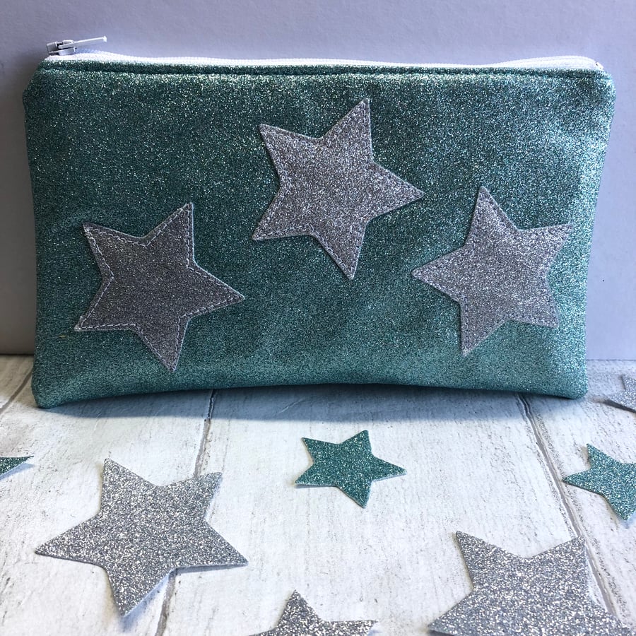 Turquoise & Silver Star Glittery Fabric Zipped Pouch