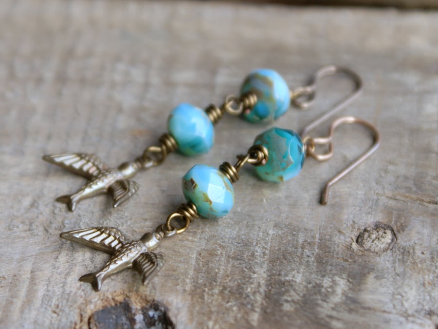Aqua Bird Beaded Earrings