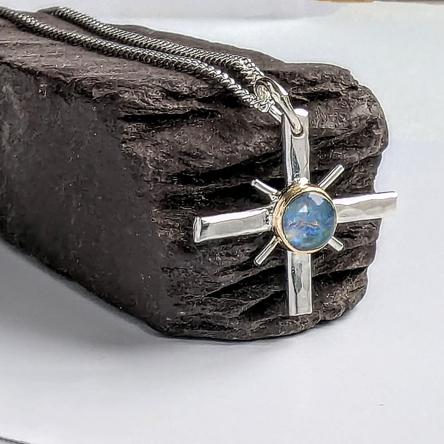 STERLING SILVER  Blue Opal Handmade Gold Pendant